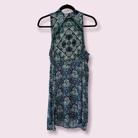 American Eagle Boho Open Back Dress Blue Paisley Mini Sleeveless Womens Size Med - Picture 2 of 9